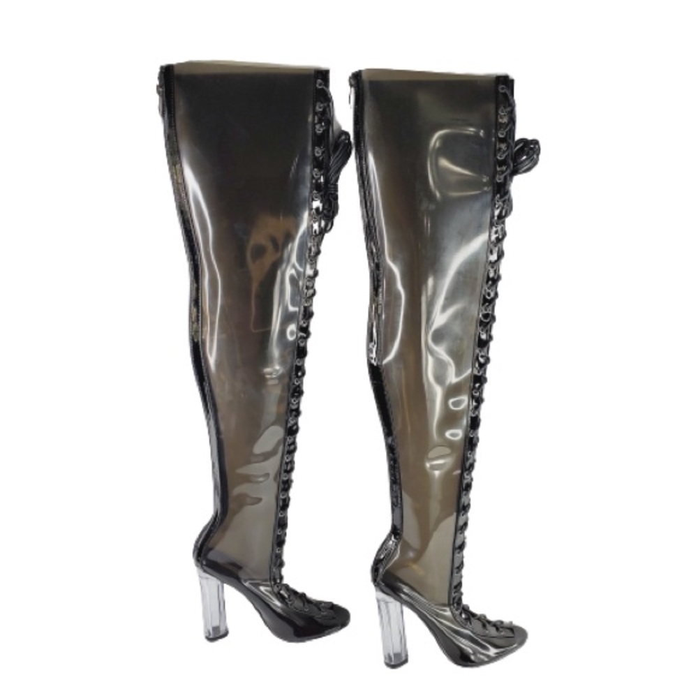 BLACK OPEN TOE CLEAR HEEL LACE UP HIGH HEEL ANKLE BOOTS